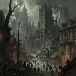 a bustling city during the daytime, dark fantasy, horror, highly detailed, digital painting, concept art, illustration, trending on artstation, art by Artgerm and Greg Rutkowski, Alphonse Mucha and Rossdraws