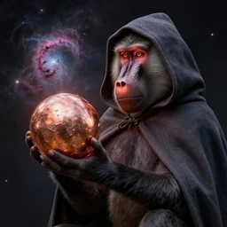 a baboon, wearing a hooded cloak, holding a copper orb, eel nebula, by mike davis