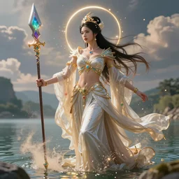 a beautiful female goddess of lakes character, character is in all its glory, character is centered on the image, character is in heroic pose with weapon, rim lights, particles and dust in the air, fancy clouds, highly detailed professional photo, dynamic lights, particles are flying, depth of field, trending on artstation, illustration, hyper realistic, vray caustics, super detailed, colorful accents, cinematic shot
