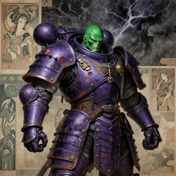 composition of gothic and futuristic, warhammer, cyber japan samurai armor, scars, more details, storm, green head, purple, the middle ages, highly detailed, artstation, in the style of moebius, jugendstil and classic japanese print, art by jean delville and rene magritte