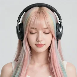 beautiful portrait of a woman with pastel long hair with her eyes closed facing the camera centered with studio headphones on in the style of a code vein character, momo from twice in code vein in the style of WLOP, artgerm, yasutomo oka, rendered in unreal engine and redshift octane , background is surrounded by epic neon glitch effect digital art dynamic dramatic lighting, soft lighting, imagine fx, artstation, cgsociety, by Bandai Namco artist,