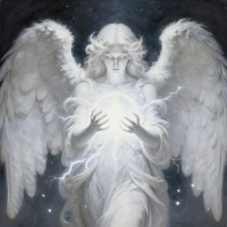 highdetailed hyperrealistic painting of white angel!!! giant ball of miracle light from the chest!!!!!, white sparkles everywhere, 4 k hd fur face!!!, big full hd realistic cosmic wings not cropped, the light passes through the body, strange lightning thing in the hands, by jan van eyck, holography space, glow effect, large strokes, white monochrome color, exclude all colors except white