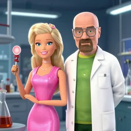 barbie and walter white in a laboratory in breakingbad, anime, disney, pixar, 8 k, hd, kodak film, volumetric lighting, subsurface scattering, photorealistic, octane render, details