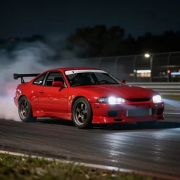 red ae 8 6, drifting, nighttime