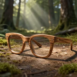 glasses made of wood on the ground of a forest, 3d render, dramatic, sunlight rays, close up