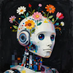 a painting by thomas cole of a white robot head with flowers growing out, highly detailed, color bleeding, pixel sorting, plain black background, studio lighting, high contrast, bold composition, abstract paint color splotches