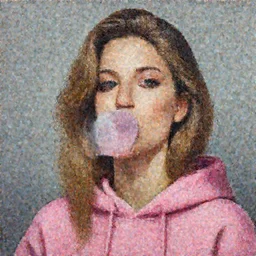 painting of a gorgeous young woman chewing bubblegum in the style of Martine Johanna, wearing a pink hoodie, realistic, sharp focus, 8k high definition, insanely detailed, intricate, elegant, art by Martine Johanna and artgerm