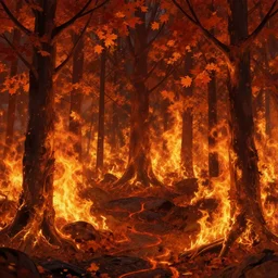 A flaming forest of trees, flaming leaves,fire ,Magma, artstation,by  Jakub Rozalski