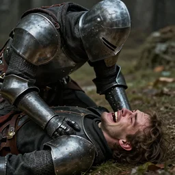 closeup closeup a knight kneeling over his dead dead dead friend lying before him and crying crying crying, by Greg Rutkowski Thomas Kincade, detailed, 4k, cinematic, intense, gritty, fantasy, two characters, tragedy