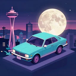an immaculate isometric cinematic keyframe matte painting of a sleek 1 9 7 0 s vaporwave seattle at dusk with an oversized moon. by eric lafforgue, glennray tutor and edward hopper, greg rutkowski. trending on artstation.