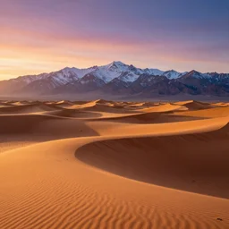 saharan sand dunes, with the snow - capped rocky mountains on the horizon at sunset. style of a national geographic photo. colorful. 4 k. highly detailed.