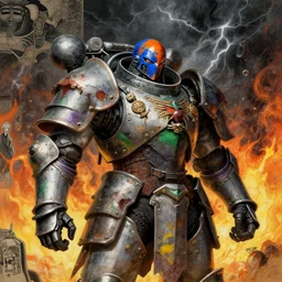 composition of gothic and futuristic, warhammer, cyber japan style armor, more and more scars, thunderstorm, firestorm, blue - orange head, some green and purple, yellow, the middle ages, highly detailed, artstation, in the style of moebius, jugendstil and classic japanese print, art by by rene magritte, jean delville