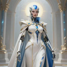 detailed portrait of a cyborg, necromancer, benevolant, scifi, futuristic, elegant cape, intelligent, alien room background, white, blue, gold, trending on artstation, soft light, holy machine, advanced technology, art by vitaly bulgarov and nivanh chanthara
