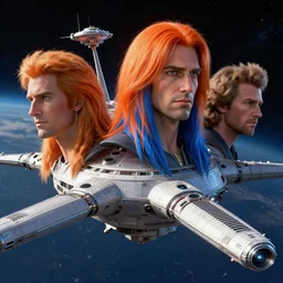 hyper realistic 3 d perfect award winning photo of 4 headed space station, one head with long orange - blue parted hair by jack kirby, jack gaughan, virgil finlay, alberto bontempi, shigeru komatsuzaki, wayne d barlowe, alex ross, enric torres, simon bisley & boris vallejo, alex ross, enric torres, hyper realism,