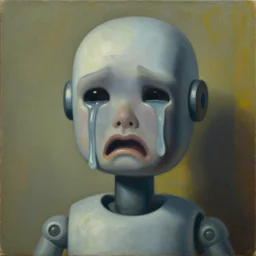 crying robot, portrait, visage, dystopian, pj crook, edward hopper, oil on canvas