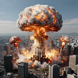 hyper detailed mushroom! clouds! explosions formed by h - bombs! detonations in the middle of tokyo, raising between the buildings on fire, highly detailed, concept art, smooth, sharp focus, modern war photography, awarded photography, futuristic style, popular on artstation, unreal engine, drone shot, nvidia graphics,.