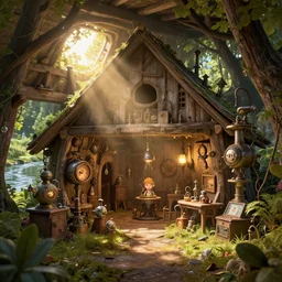 interior of small house of an inventor,  fantasy steamunk elements, barn, weird inventions, shining sun, river, magic, sunlight rays, with  trees and plants around  Darek Zabrocki, Karlkka, trending on Artstation, 8K