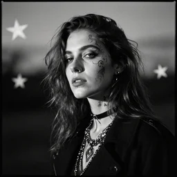 beautiful young woman with gutterpunk pen ink face tattoos at golden hour, black & white, stars in background, cinematic diane arbus, leica s, fuji 8 0 0, grainy, low light