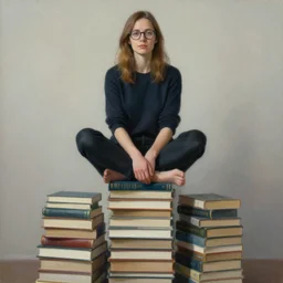 a woman with light brown hair and glasses sits cross legged on top of a tall pile of books. beautiful painting by artgerm and greg rutkowski and raymond swanland, beautiful detailed face.