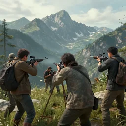post design of wenjun lin digital illustration of a group of people were shooting a film in the mountains unreal engine, hyper realism, realistic shading, cinematic composition, realistic render, octane render, detailed textures, photorealistic