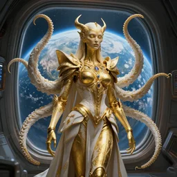 a photo of 8 k ultra realistic corrupted lovecraftian golden humanoid queen standing next to a spaceship window overlooking earth, 8 intricate white and gold tentacles, ornate white and gold armour, cinematic lighting, trending on artstation, 4 k, hyperrealistic, focused, extreme details, unreal engine 5, cinematic, masterpiece