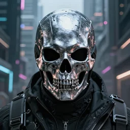 cinematic portrait of a mercenary wearing a silver skull mask, cyberpunk city background, full face portrait, centered, symmetrical face, atmospheric lighting, intricate, volumetric lighting, cyberpunk, concept art, sharp focus, ultra detailed, concept art by marc simonetti and dan mumford. featured on artstation
