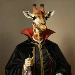 a regal giraffe dressed as dracula, rembrandt style portrait