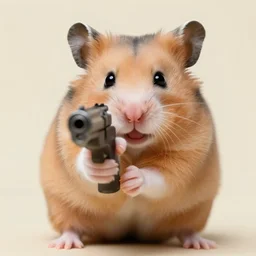 a hamster pointing a gun to the camera, threatening facial expressions, highly detailed