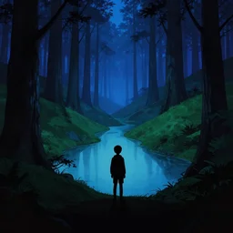 silhouette of a boy in a hilly dark green blue sci - fi fantasy dystopian redwood forest with ponds at dusk. perspective landscape fantasy science fiction. high contrast, strong shadows. deep colorful soft gradients, rich blue tones, black surroundings. by norman rockwell, eyvind earle, and moebius. artstation