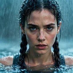 cinestill 5 0 d candid action photographic portrait by quentin tarantino of lara croft in treacherous waters, extreme closeup, modern cyberpunk retrofuturism moody emotional cinematic, pouring iridescent rain, 8 k, hd, high resolution, 3 5 mm, f / 3 2, motion blur, ultra realistic faces, ex machina 8 k
