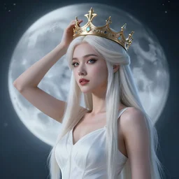 Artemixel, the modern reincarnation of the old selenium god of hunt and moon, also known as Artemis or Selene, carrying the Crown of the Crescent Moon, wich has a bright and slightly bluish crescent like the brightness of the night. Portrait trending on Artstation, digital art, concept art