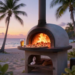 a wood fired pizza oven on a tropical beach, pizza, beer, sunset, ultra realistic refractions, extremely detailed 3 d render, octane render, octane, ray tracing, evening sky, 4 k, pixar