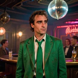 the medium shot of skinny hobo ( ( ( ( ( ( joaquin phoenix ) ) ) ) ) ) with sideburns worn in the dirty emerald jacket with emerald tie on the scene in steampunk bar, cinematography of christopher doyle, neon lighting reflecting from a disco ball, anamorphic lens, optical flares, 8 k