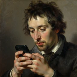 portrait of modern day person on their smartphone!! oil painting by joseph ducreux, 1 7 th century, art, oil on canvas, wet - on - wet technique, realistic, expressive emotions, intricate textures, illusionistic detail, 4 k