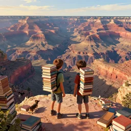 highly detailed digital illustration of a pair of young brothers carrying books on their backs, standing at the edge of the grand canyon filled with a sea of books | fantasy art, dogs playing in the background, cinematic panorama, cryengine, concept art, photorealism, daz 3 d, sketchfab, zbrush, vray, golden hour, rule of thirds, golden ratio