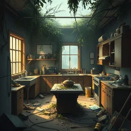 a stylized 2 d cinematic keyframe of a post - apocalyptic kitchen interior covered by nature, debris, abandoned, joy gaze, cel - shaded, classical animation, edge - to - edge print, rendered by studio ghibli, artgerm, alyssa monks, andreas rocha, david kassan, neil blevins, rule of thirds, golden ratio, ambient lighting, artgerm, art