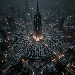 megacity, hive city, futuristic dystopian endless, intricate, complex, labyrinthine, byzantine, tangled, night, gloomy, dark, dramatic, cinematic, volumetric lighting, gods eye view
