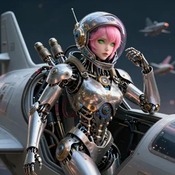 biomechanical fragile female steampunk skeletonized robot fighter pilot is a beautiful mechanical goddess with intricate shiny parts and pink hair and green eyes while helmet is posing in a jet cockpit with many pneumatic tubes and electric cables. background air combat. dark detailed photorealitic octane unreal depth of field