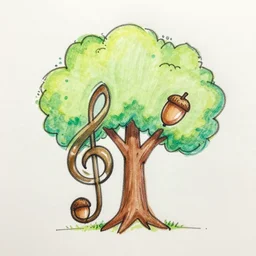 sketch of an acorn that turns into a tree in the shape of a treble clef with color, single line drawing