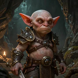 A fantasy comic book style portrait painting of a goblin in a cavern setting, unreal 5, DAZ, hyperrealistic, octane render, RPG portrait, ambient light, dynamic lighting
