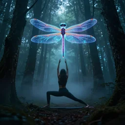 dragonfly - human doing yoga in dark forest with neon lights passing between tree stems and fog. fantasy digital art