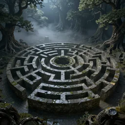 dense labyrinth maze of gnarled stone and trees, mist, night, volumetric lighting, 8 k octane beautifully detailed render, post - processing, extremely hyper - detailed, intricate, epic composition, cinematic lighting, intricate, trending on artstation, stunning art by caravaggio, wonderful masterpiece by frazetta