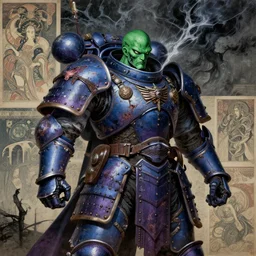 composition of gothic and futuristic, warhammer, cyber japan samurai armor, more and more scars, storm, green head, blue and purple, the middle ages, highly detailed, artstation, in the style of moebius, jugendstil and classic japanese print, art by jean delville and rene magritte