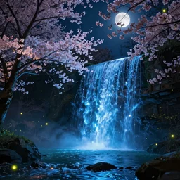 Bioluminescent waterfall, cherry-blossom-tree, night-time, moon, fireflies, atmospheric, magical atmosphere, octane render, unreal engine, HD, trending on artStation, artstationHD, artstationHQ, cgsociety, 4k, 8K