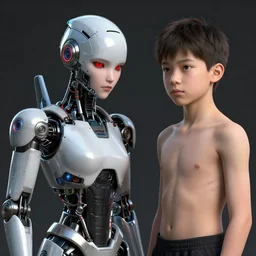 one robotic boy cyborg from cyberpunk with red eyes and modifications stand near one human, flesh normal boy without any modifications. photorealistic, hyperrealistic, cinematic, artstation, octane render, unreal, 8 k