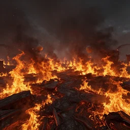burning landscape, satanic, wide view, 4 k, octane rendering