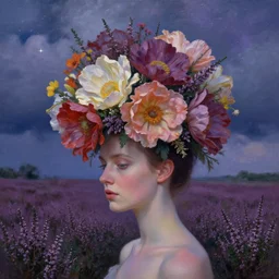 closeup, huge flowers as a head mohawk, a woman in a heather field, surreal photography, starlight, storm clouds, impressionist painting, digital painting, artstation, simon stalenhag