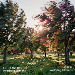 a colourful long exposure photograph of many trees moving in a strong wind, back light, sony ar 7 ii, photographed by wolfgang tillmans