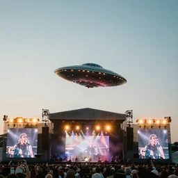 a flying saucer in the middle of a rock concert