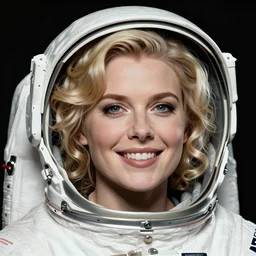 highly detailed portrait of a hopeful pretty astronaut lady with a wavy blonde hair, by Barbara Kruger, 4k resolution, nier:automata inspired, bravely default inspired, vibrant but dreary but upflifting red, black and white color scheme!!! ((Space nebula background))